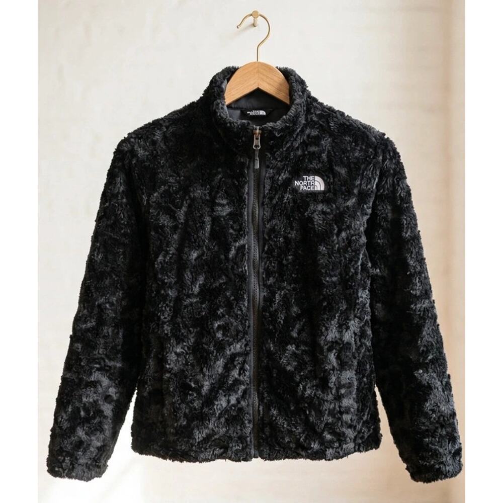 North Face Girls’ Mossbud Reversible Jacket Black Quilted Shaggy Fleece 10/12